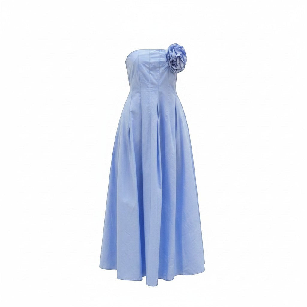 GRINE blue cotton strapless maxi dress with a removable flower detail on the bust and elasticated chest.