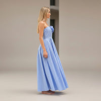 GRINE blue cotton strapless maxi dress with a removable flower detail and elasticated bust.