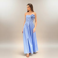 GRINE blue cotton strapless maxi dress with a removable flower detail and elasticated bust.