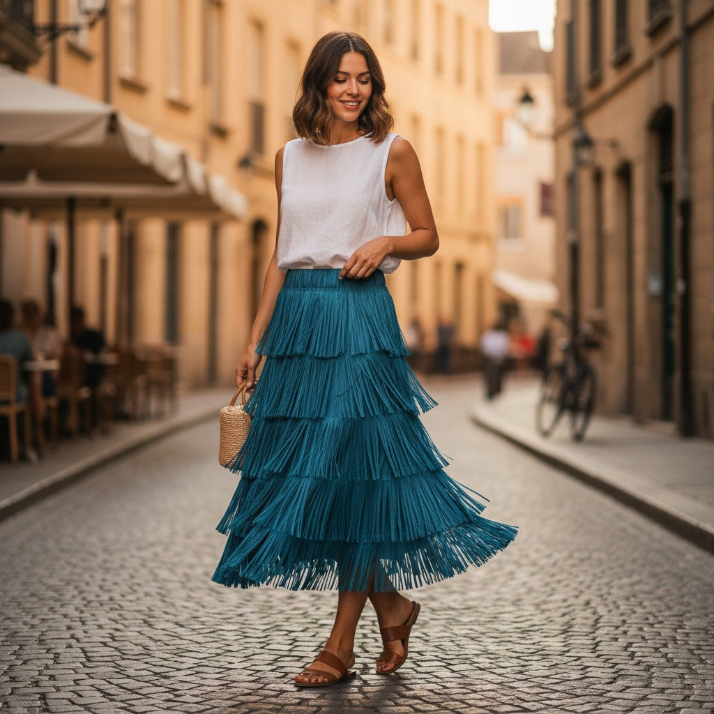 GRINE blue midi skirt with tiered fringe detailing and elastic waistband, made of cotton and polyester blend.