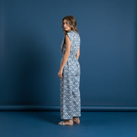 GRINE blue wide-leg jumpsuit with a geometric pattern, elasticated back waist, and sleeveless design.