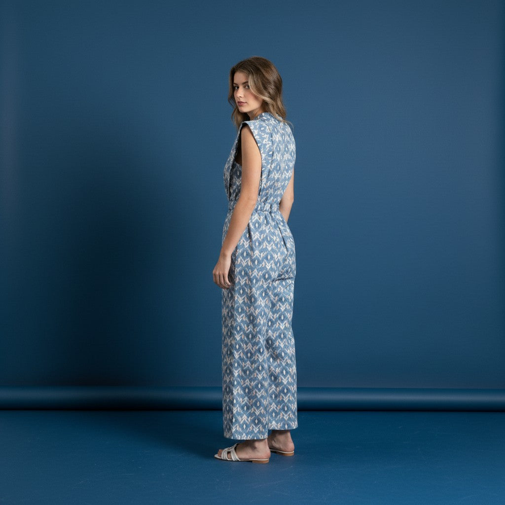 GRINE blue wide-leg jumpsuit with a geometric pattern, elasticated back waist, and sleeveless design.