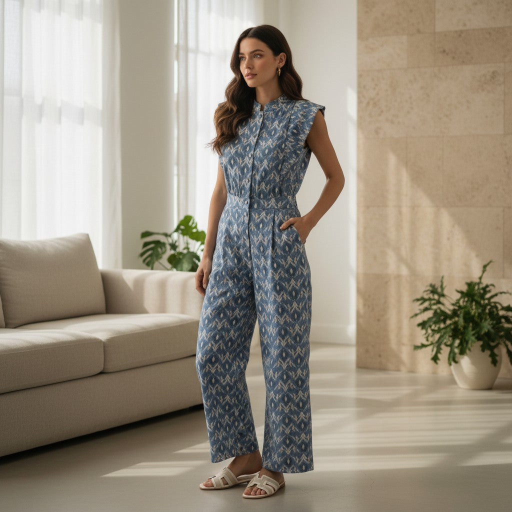 GRINE blue geometric print wide-leg jumpsuit with side pockets and elasticated back waist.