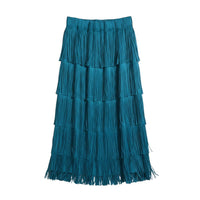 GRINE blue midi skirt with tiered fringe detail and elastic waistband, made from cotton and polyester blend.