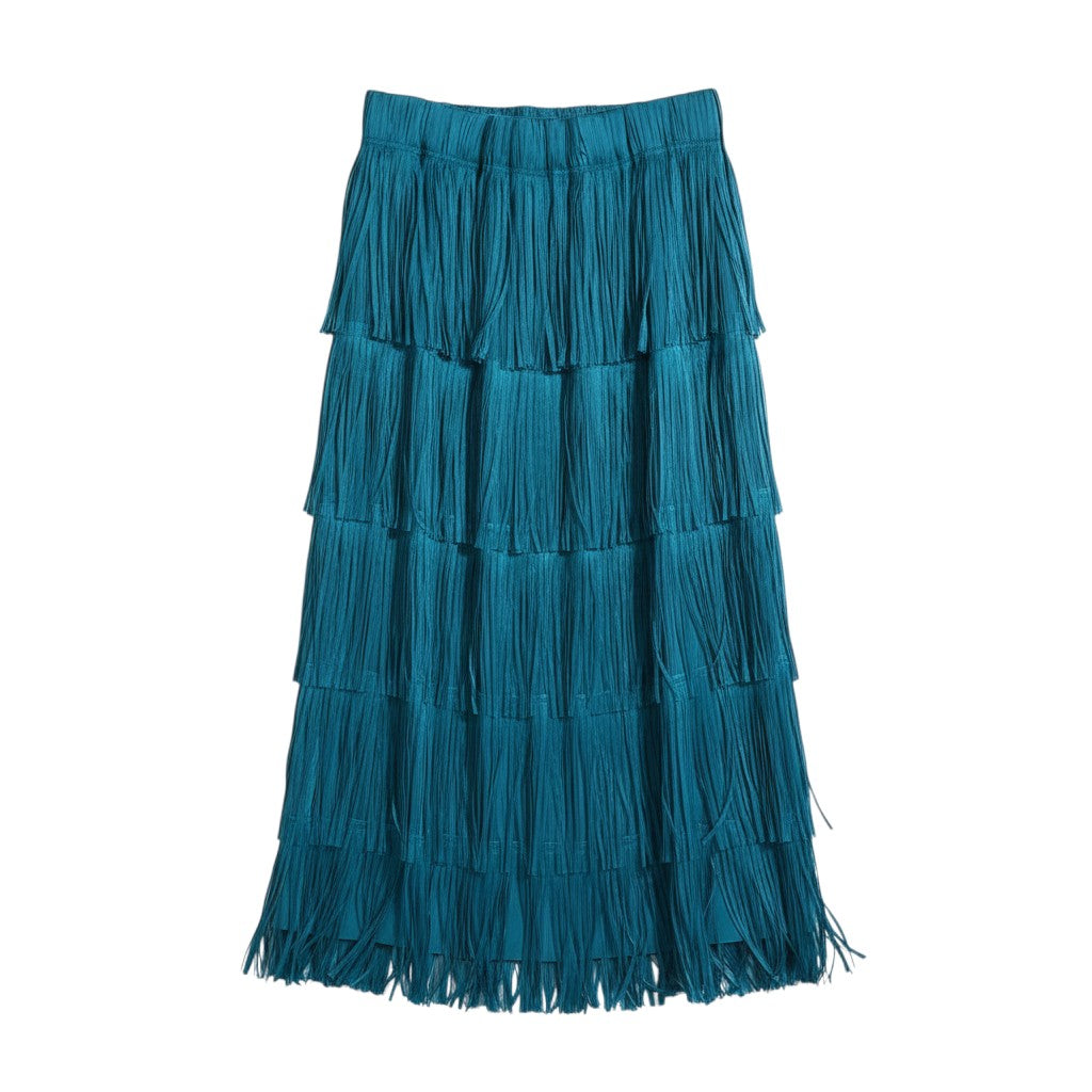 GRINE blue midi skirt with tiered fringe detail and elastic waistband, made from cotton and polyester blend.