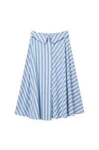 GRINE blue and white striped midi skirt with asymmetric pattern and button front. Flowy, feminine design with elastic waist.