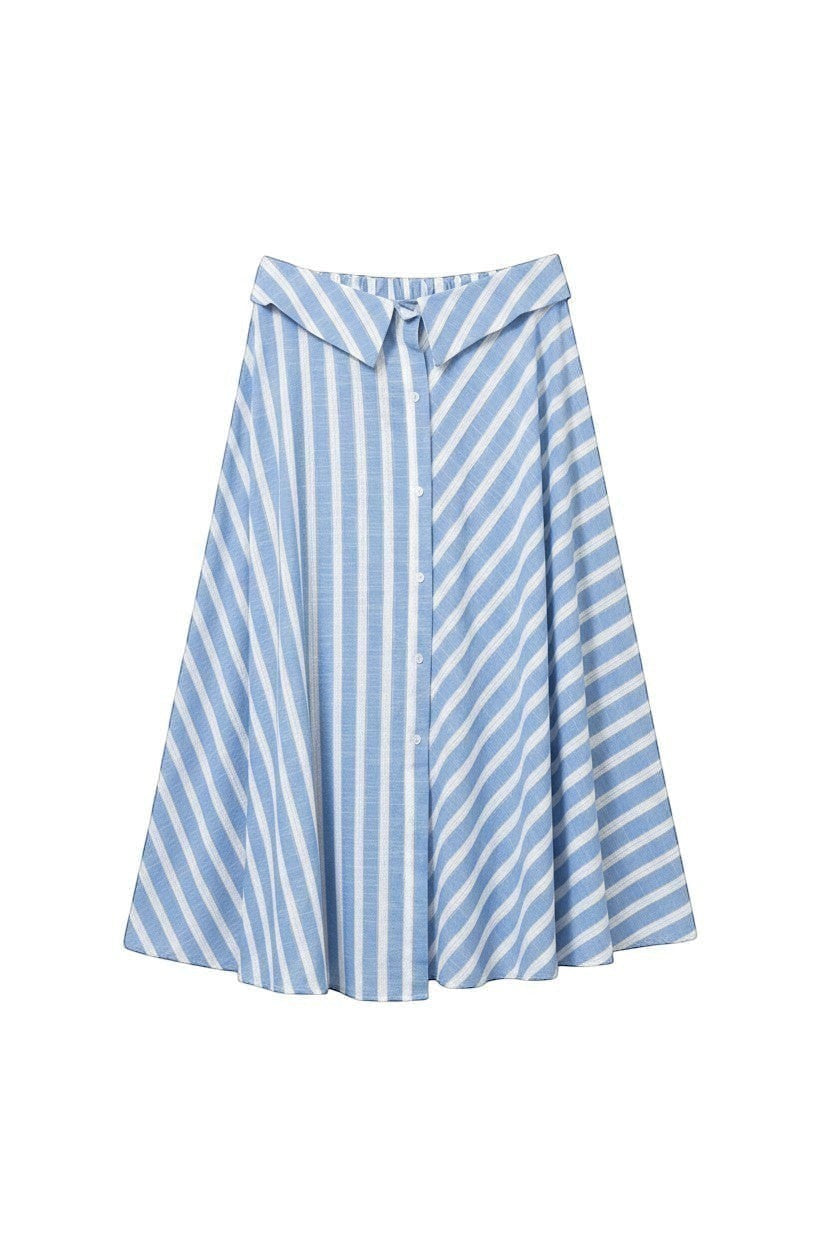 GRINE blue and white striped midi skirt with asymmetric pattern and button front. Flowy, feminine design with elastic waist.