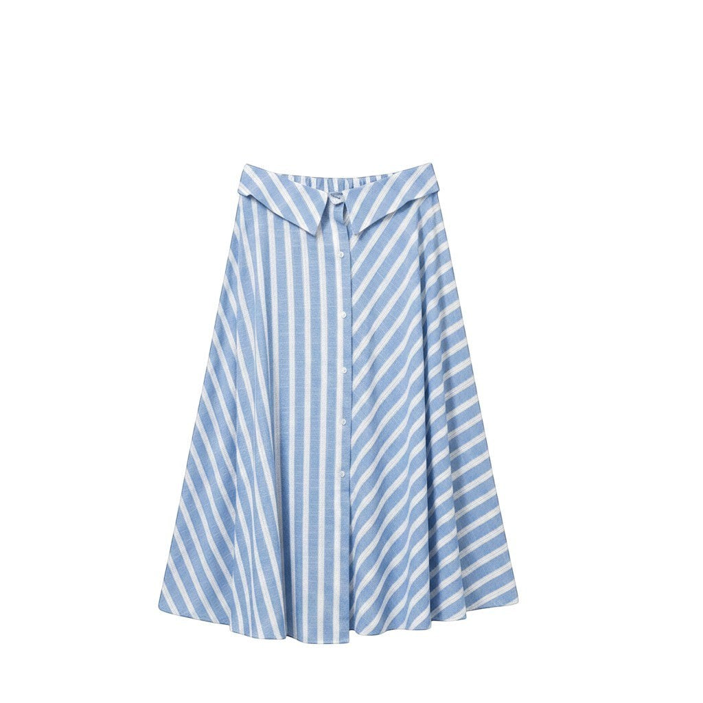 GRINE blue and white striped midi skirt with asymmetric pattern and button front. Fluid cut, elastic waist.
