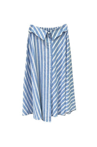 GRINE blue and white striped midi skirt with asymmetric pattern and button front. Flowy, lightweight fabric with elastic waist.