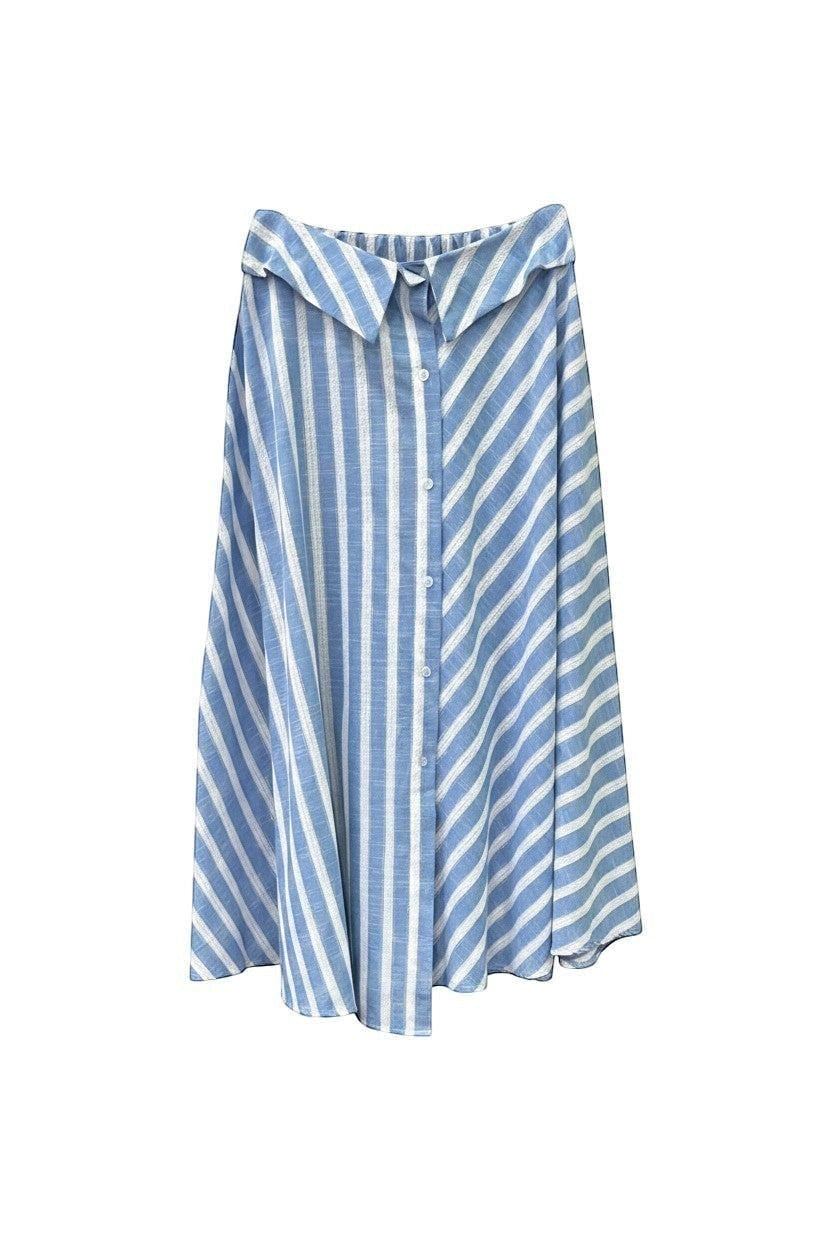 GRINE blue and white striped midi skirt with asymmetric pattern and button front. Flowy, lightweight fabric with elastic waist.