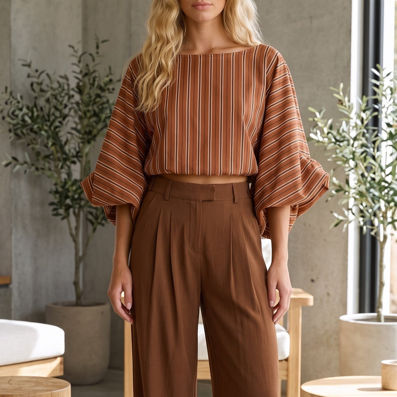 Modelo loira veste blusa curta GRINE listrada em tons terrosos com mangas bufantes volumosas e decote canoa