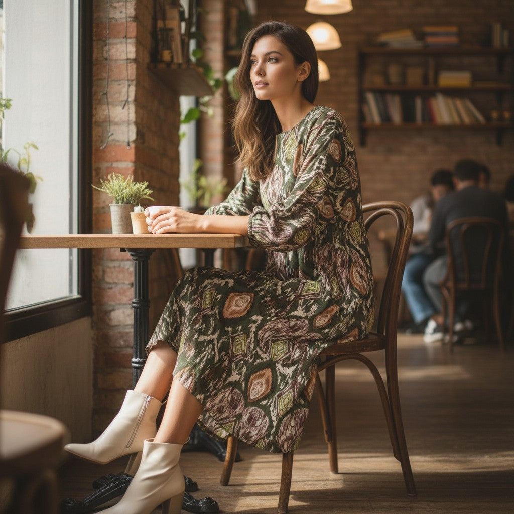 GRINE Bora Bora midi dress in green with ikat print, round neck, 3 buttons, and long sleeves. 100% polyester.