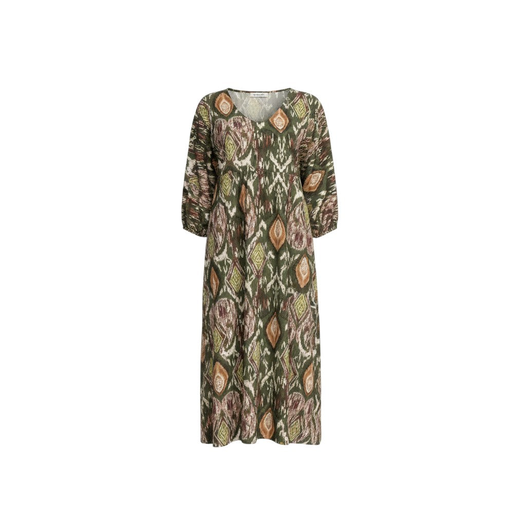 GRINE Bora Bora midi dress in green with ikat print, round neck, 3 buttons, and long sleeves. 100% polyester.