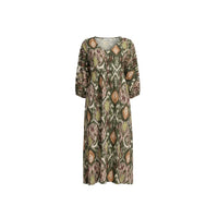 GRINE Bora Bora midi dress in green with ikat print, round neck, 3 buttons, and long sleeves. 100% polyester.