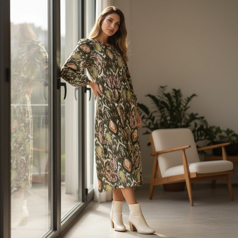 GRINE Bora Bora midi dress in green with a print pattern, round neck, 3 buttons, and long sleeves. Made of 100% polyester.