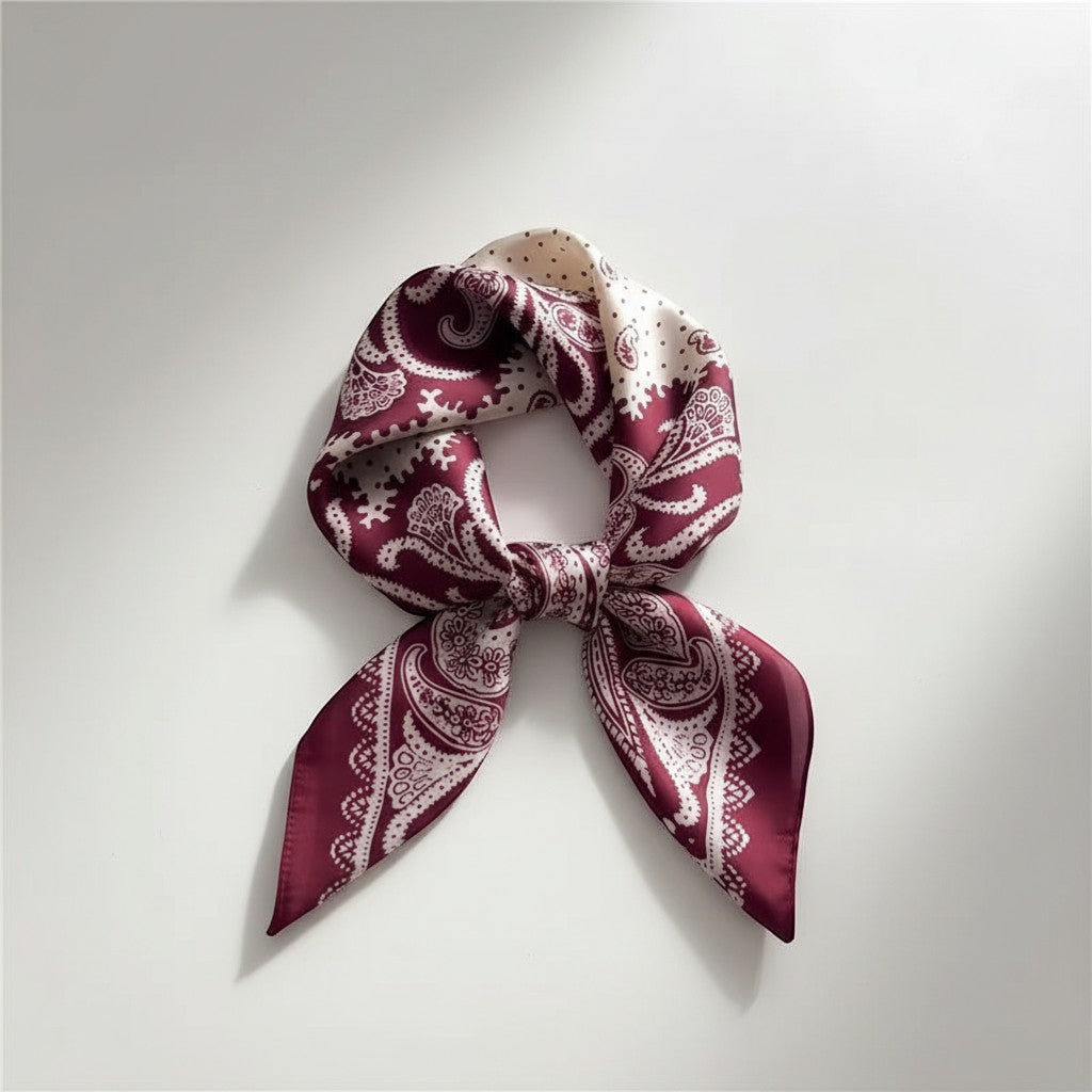 GRINE square satin scarf in bordeaux with paisley print. 100% polyester, 70cm x 70cm.