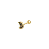 Brinco GRINE Moonlit dourado em aço inoxidável com formato de meia-lua e pequenas pedras pretas, estilo minimalista.