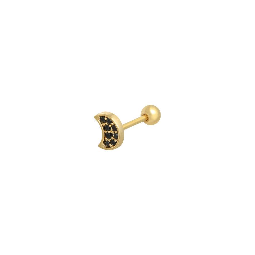 Brinco GRINE Moonlit dourado em aço inoxidável com formato de meia-lua e pequenas pedras pretas, estilo minimalista.