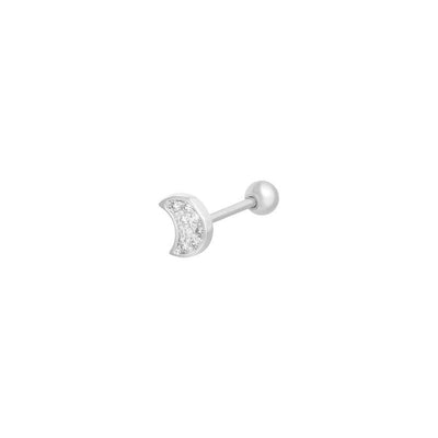 Brinco GRINE Moonlit prateado em aço inoxidável com formato de lua e zircónias, design minimalista e delicado.
