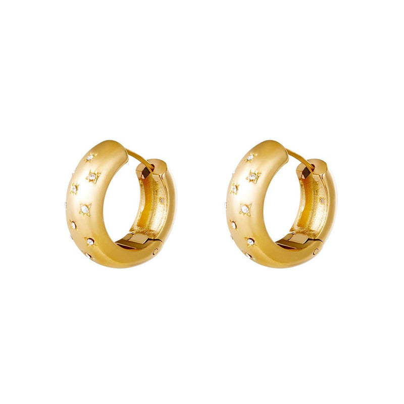Brincos argola GRINE Diamond Flowers em aço inoxidável dourado com detalhes de flores em zircónias brilhantes