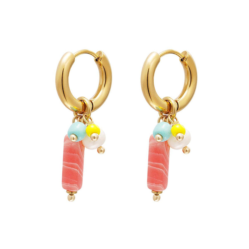 Brincos GRINE dourados com argolas, contas coloridas, pérolas e barra coral em aço inoxidável