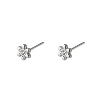 Brincos GRINE em forma de flor de aço inoxidável prateado com uma pequena zirconia central, estilo delicado.