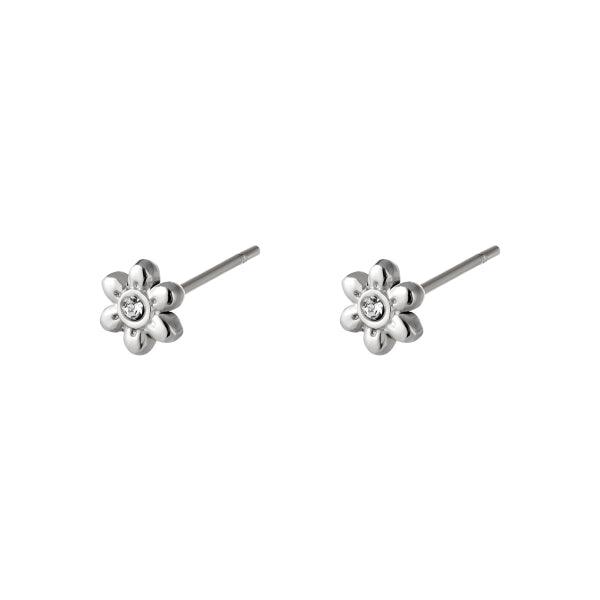 Brincos GRINE em forma de flor de aço inoxidável prateado com uma pequena zirconia central, estilo delicado.