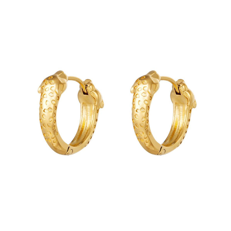 Brincos GRINE Panther em argola de aço inoxidável dourado com detalhe de cabeça de pantera