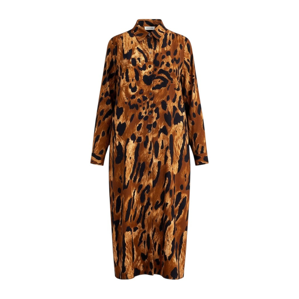 GRINE brown and black animal print viscose long sleeve shirt dress with button front.