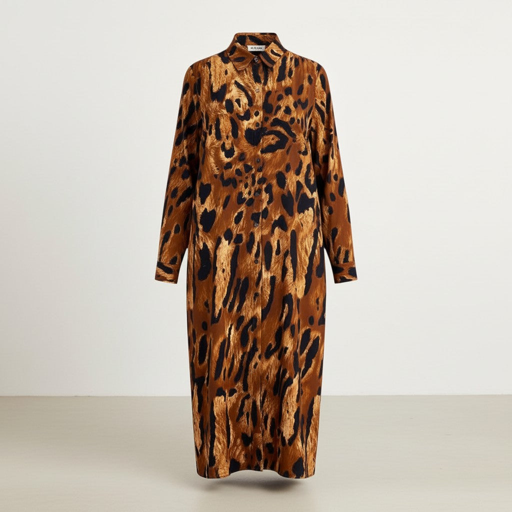 GRINE long brown and black animal print viscose shirt dress with button front and long sleeves.