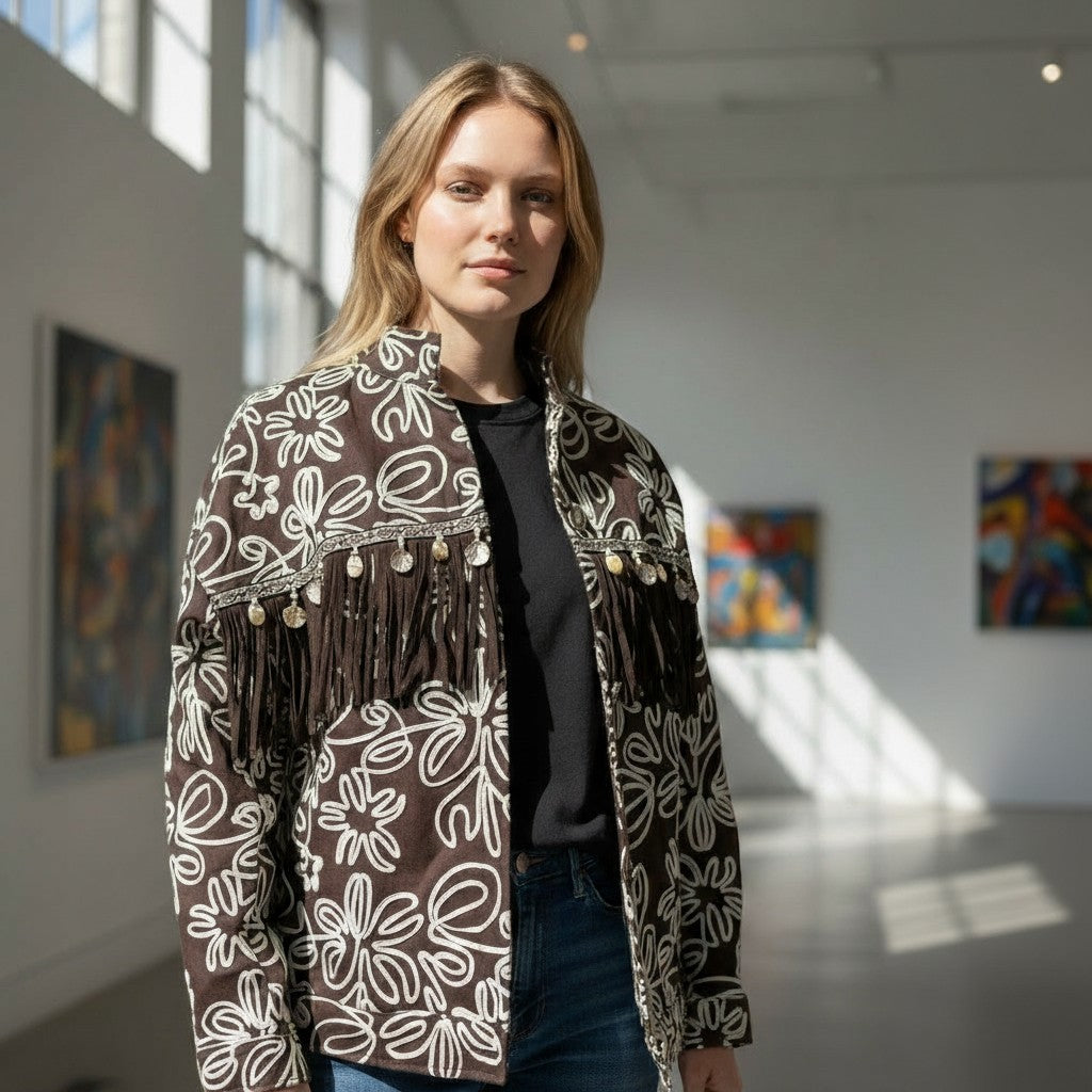 GRINE brown denim jacket with white floral embroidery and fringed trim with shell details.