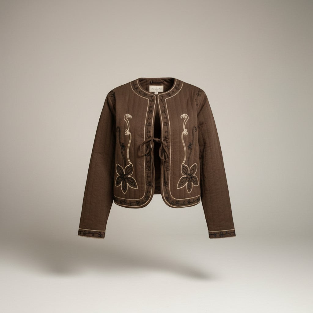 GRINE brown quilted cropped jacket with embroidered details and tie front closure.