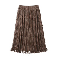 GRINE brown midi skirt with layered fringe detail and elastic waistband. Made from a cotton-polyester blend.