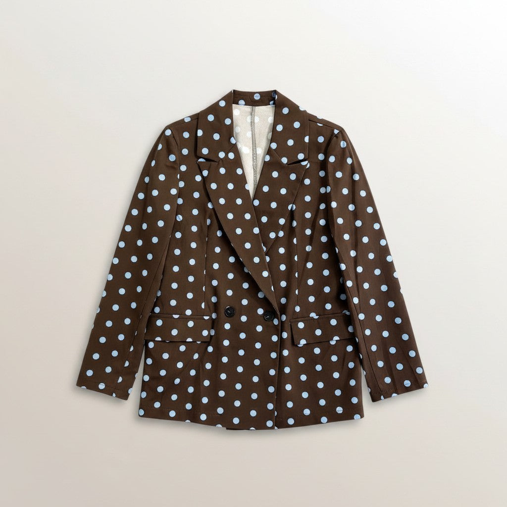 GRINE brown double-breasted blazer with light blue polka dots, featuring notched lapels and two front pockets.