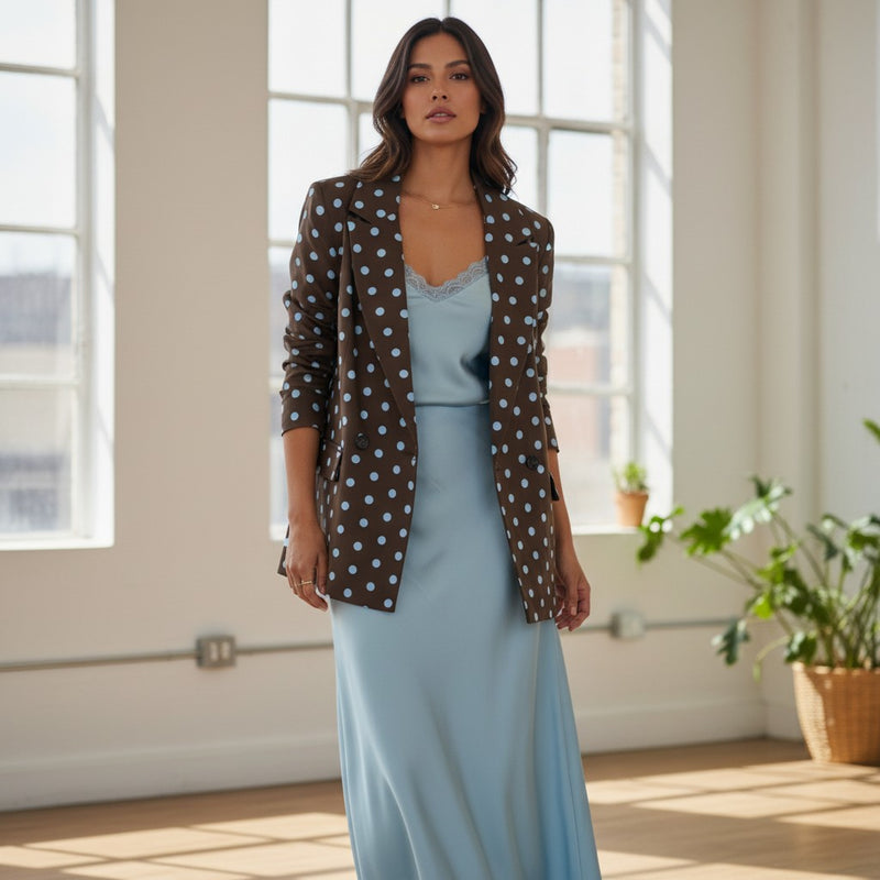 GRINE brown double-breasted blazer with light blue polka dots. Features notched lapels and two front pockets.