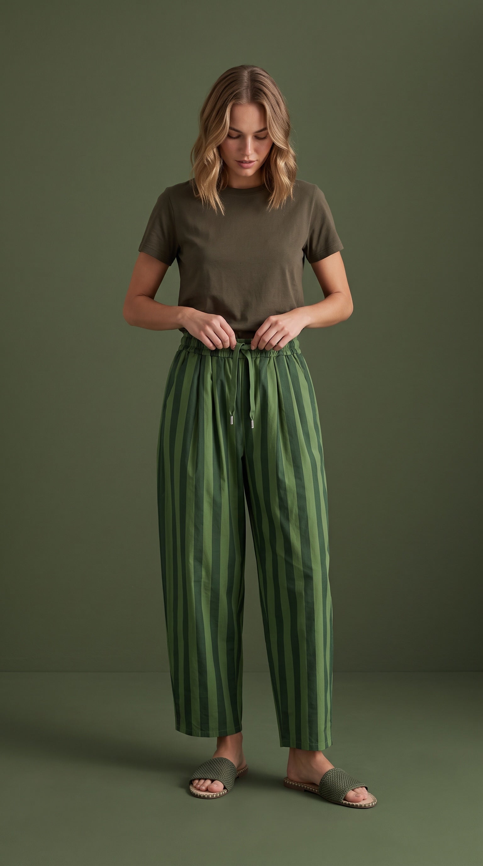 Modelo veste calças baggy GRINE de algodão com riscas verticais verdes, cintura subida e pregas, estilo urbano.