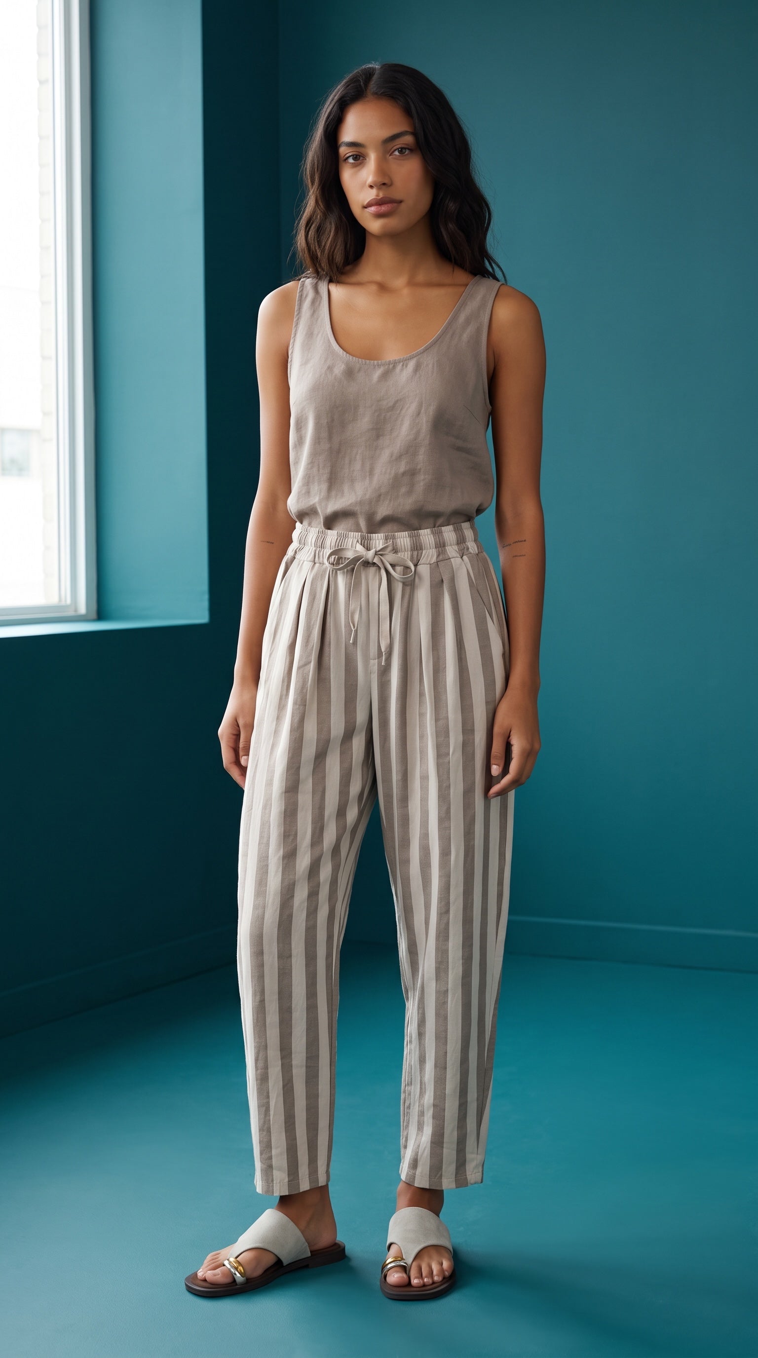 Modelo veste calças baggy GRINE de algodão com riscas verticais, cintura subida e pregas, em tons neutros.
