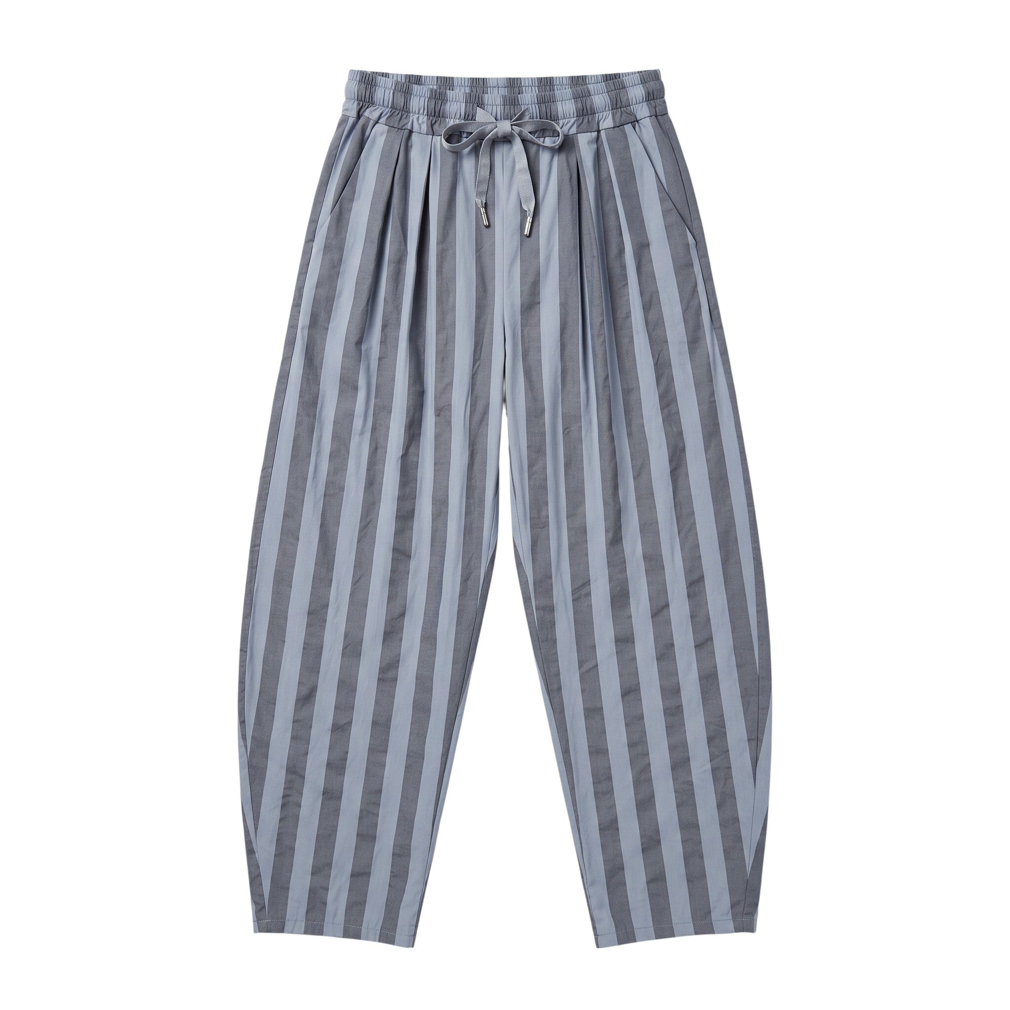 Calças baggy GRINE de algodão com riscas verticais cinzentas, cintura subida com pregas e cordão ajustável.