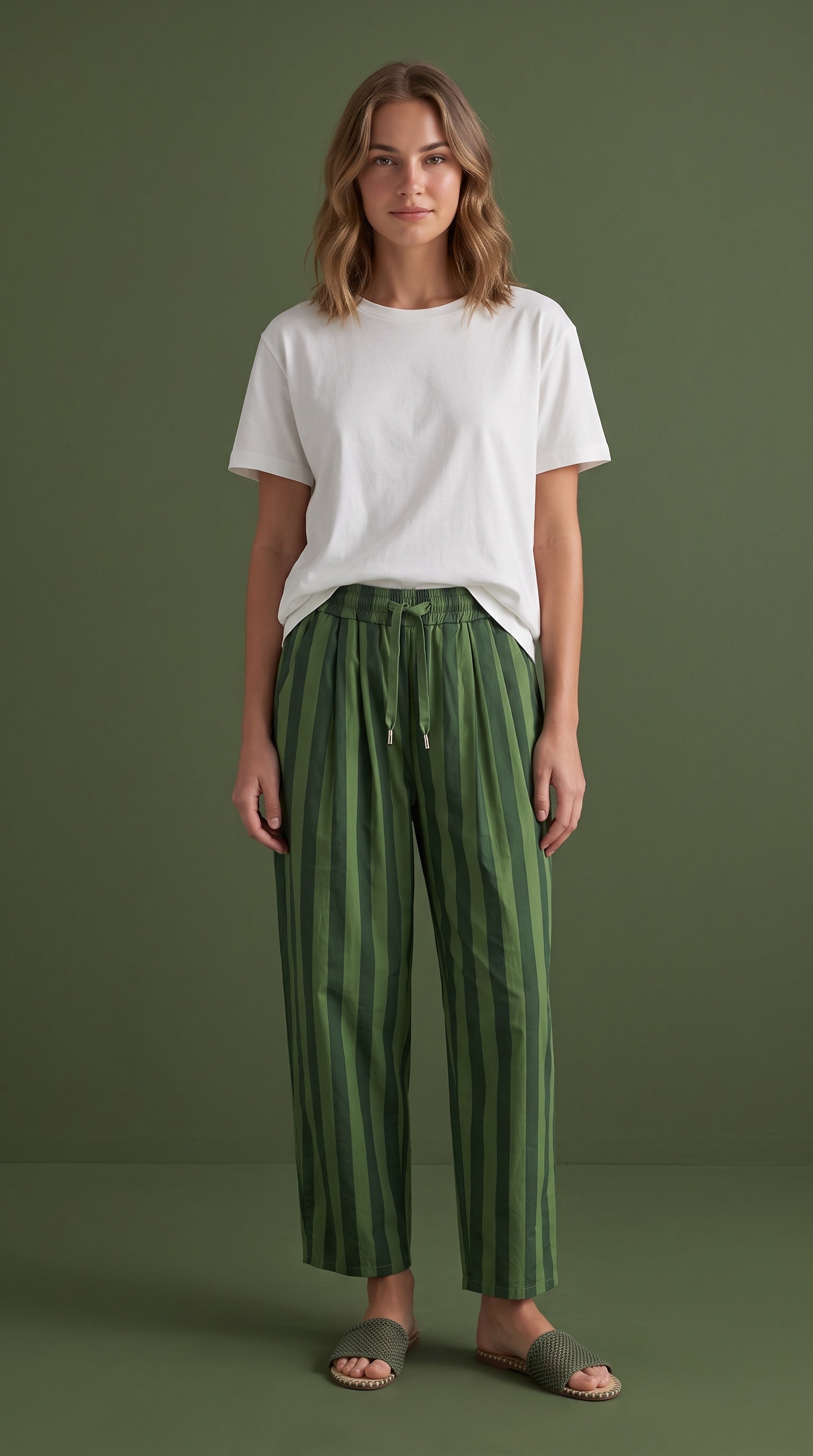 Modelo veste calças baggy GRINE de algodão com riscas verticais verdes, cintura subida e corte largo e fluido.
