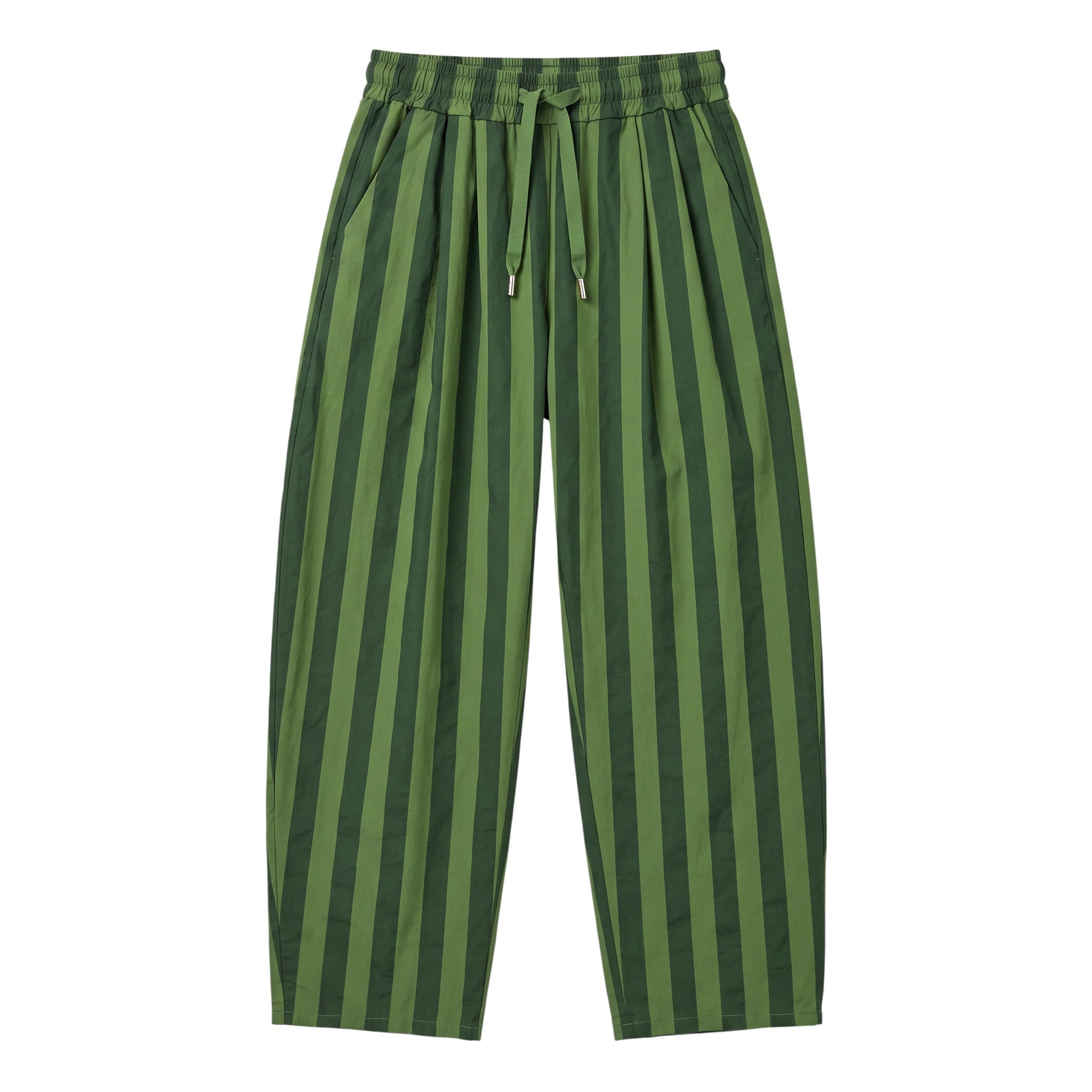 Calças baggy GRINE em algodão verde com riscas verticais, cintura subida com pregas e cordão ajustável.