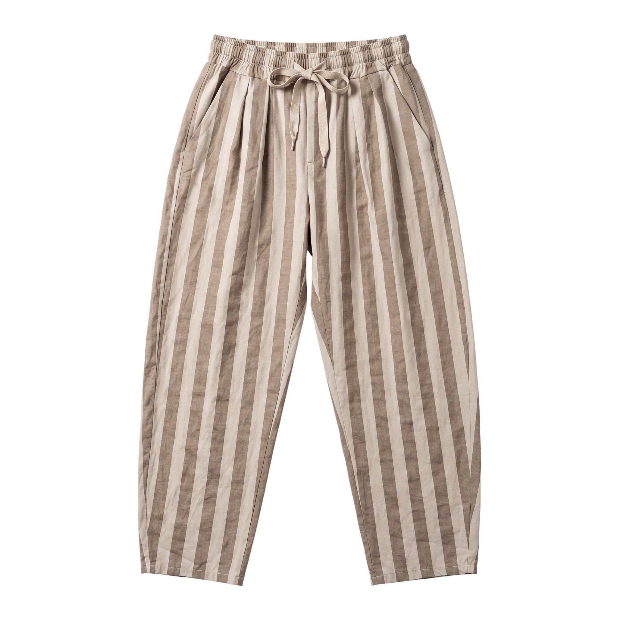 Calças baggy GRINE de algodão com riscas verticais bege e brancas, cintura subida com pregas e cordão ajustável.
