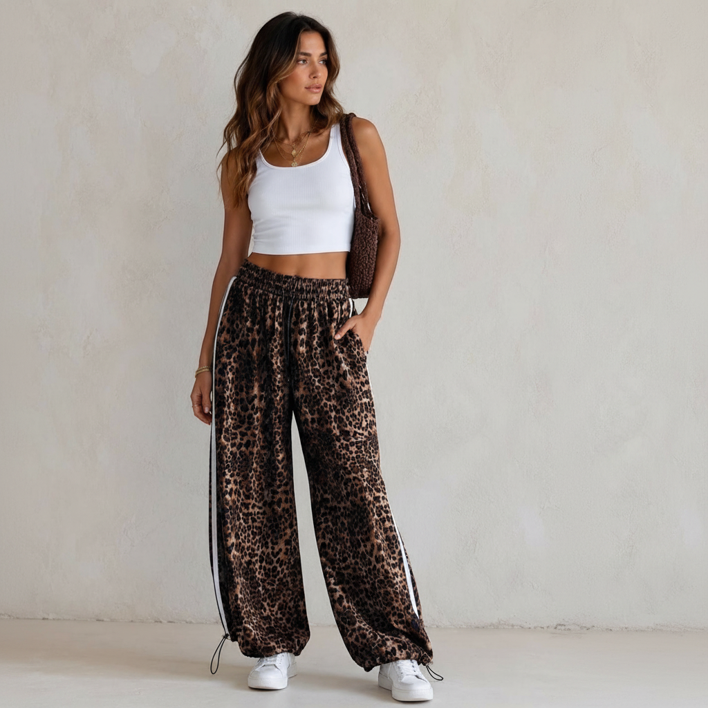 Modelo veste calças jogger GRINE oversized com padrão animal print, riscas laterais brancas e bainhas ajustáveis.