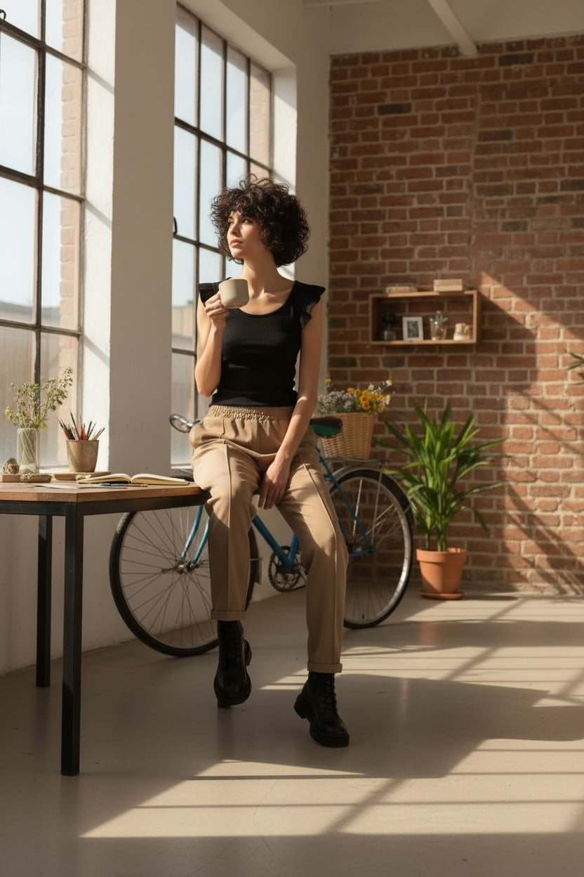 Mulher sentada numa mesa usando calças jogger fluidas taupe da GRINE, com cintura alta e elástico confortável.