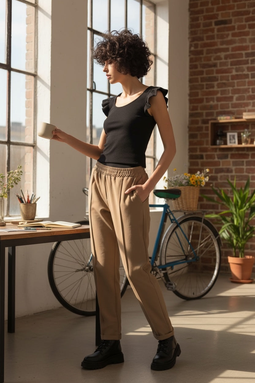 Modelo GRINE veste calças jogger taupe de cintura alta com elástico, combinadas com top preto, em ambiente luminoso.