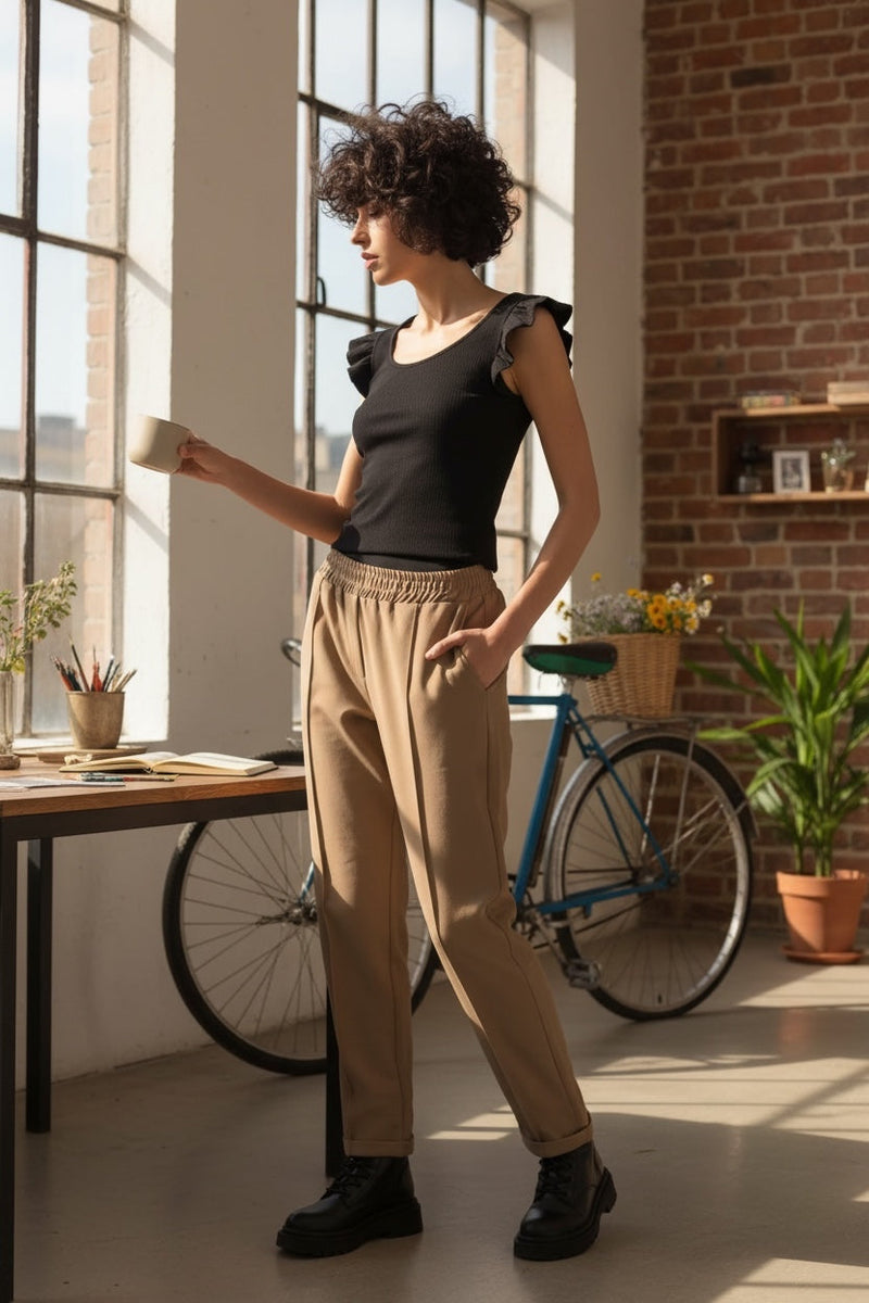 Modelo GRINE veste calças jogger taupe de cintura alta com elástico, combinadas com top preto, em ambiente luminoso.