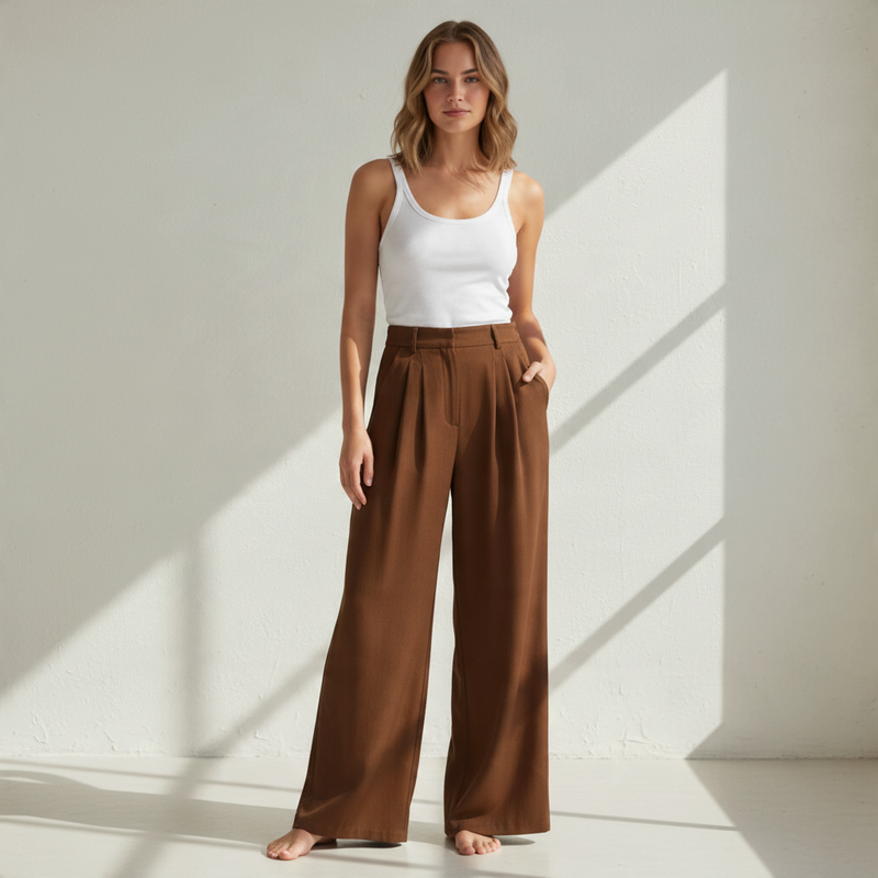 Modelo veste calças pantalona castanhas fluidas da GRINE com top branco, destacando o corte largo e elegante.
