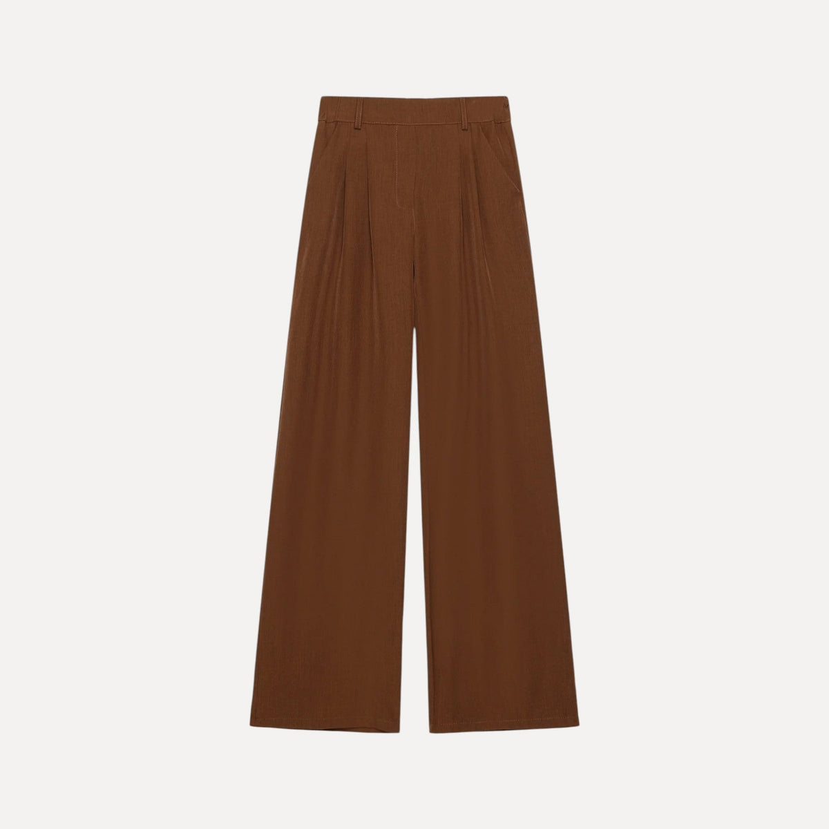 Calças pantalona GRINE castanhas de corte largo e fluido em tecido de poliéster com elastano.