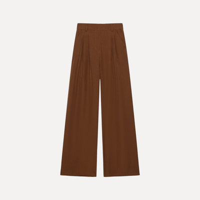 Calças pantalona GRINE castanhas de corte largo e fluido em tecido de poliéster com elastano.