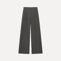 Calças pantalona fluidas cinzentas da GRINE com corte largo, cintura subida e tecido de poliéster e elastano.