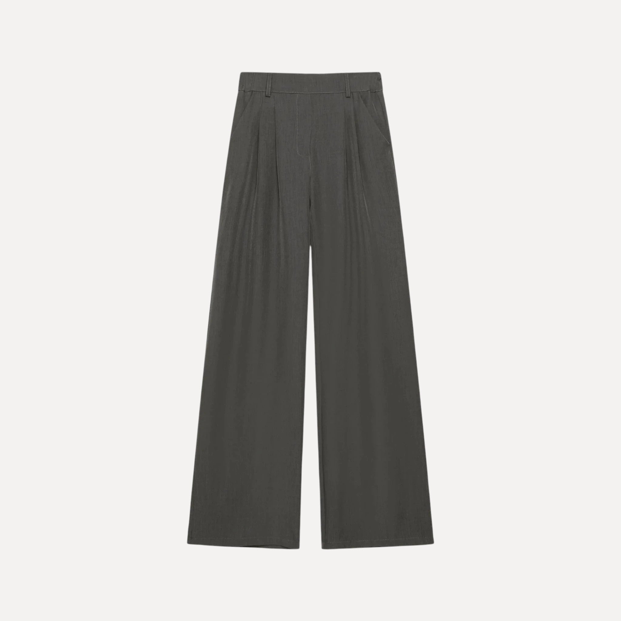 Calças pantalona fluidas cinzentas da GRINE com corte largo, cintura subida e tecido de poliéster e elastano.